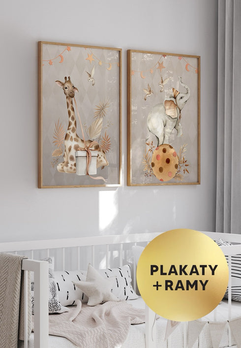 Zestaw 2 Plakatów Boho Żyrafa Rose Gold + 2 Ramki Dębowe 50x70cm